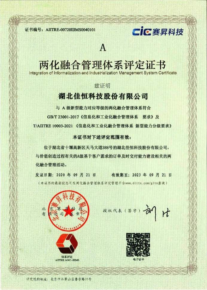 兩化(hua)融合管理(li)體系評定(ding)證書